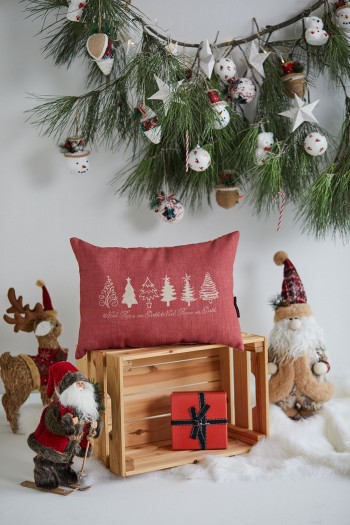 Noel Ağacı Desenli Kırmızı Dekoratif Yastık