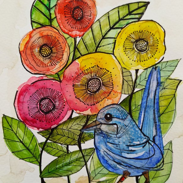 Mavi Kuş ve Çiçekler