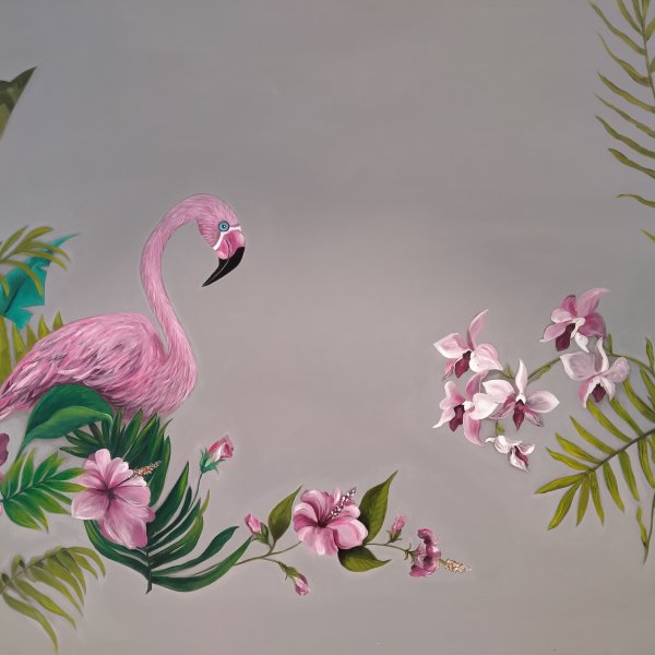 Pembe flamingo ve orkideler