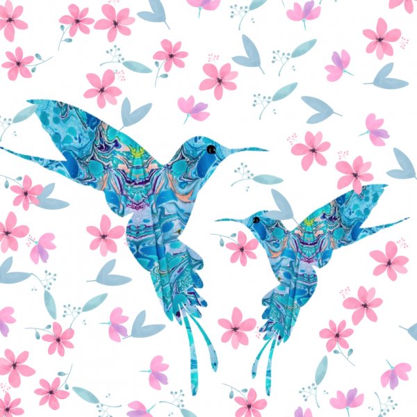 Mavi kuşlar ve çiçekler
