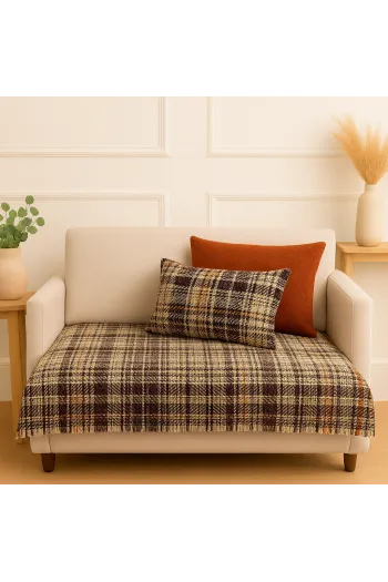 MODAFABRİK 3 Parça Dekoratif Koltuk  Seti – 2 Kırlent +Natural Ekoseli Koltuk Runner