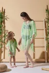 Yaprak Desen Yeşil Anne Çocuk Plaj Elbisesi
