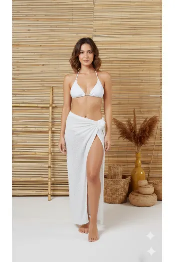 Kadın Beyaz Pareo Plaj Eteği Yırtmaçlı Bağlamalı Yazlık Beachwear
