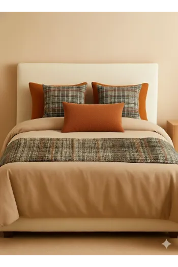 6 Parça Dekoratif Yatak Seti – 5 Kırlent +Amber  Ekose Yatak Runnerı