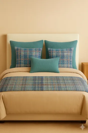 6 Parça Dekoratif Yatak Seti – 5 Kırlent + Aqua  Ekose Yatak Runnerı