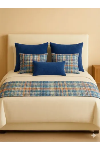 6 Parça Dekoratif Yatak Seti – 5 Kırlent +Atlas  Ekose Yatak Runnerı