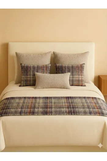 6 Parça Dekoratif Yatak Seti – 5 Kırlent +Stone  Ekose Yatak Runnerı