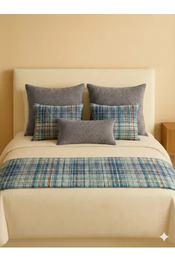 6 Parça Dekoratif Yatak Seti – 5 Kırlent +Linea  Ekose Yatak Runnerı