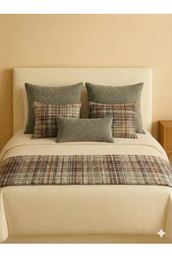 6 Parça Dekoratif Yatak Seti – 5 Kırlent + Olivia Ekose Yatak Runnerı